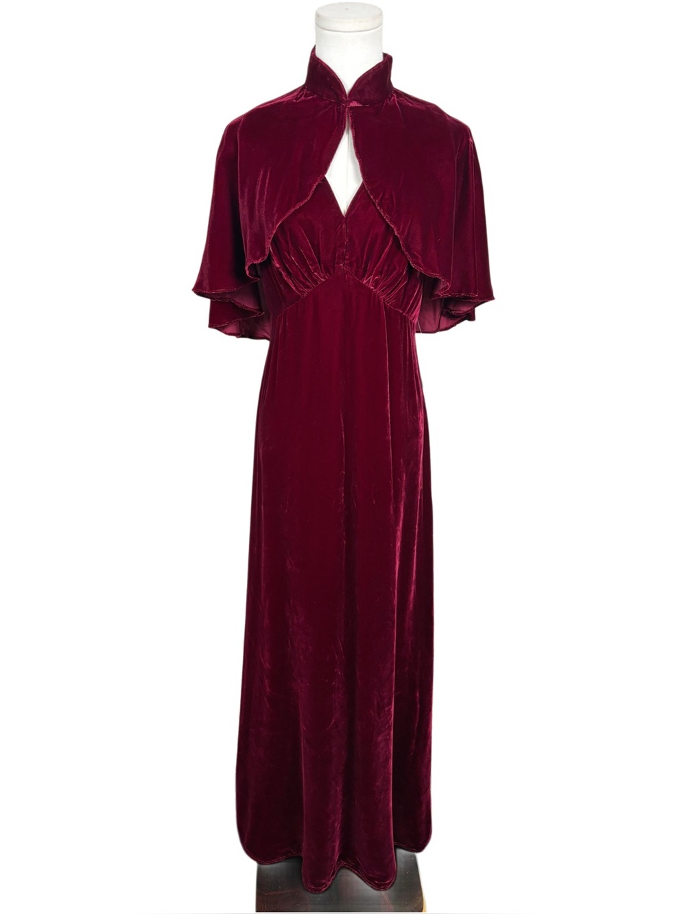 1970s burgundy red velvet gown with cape